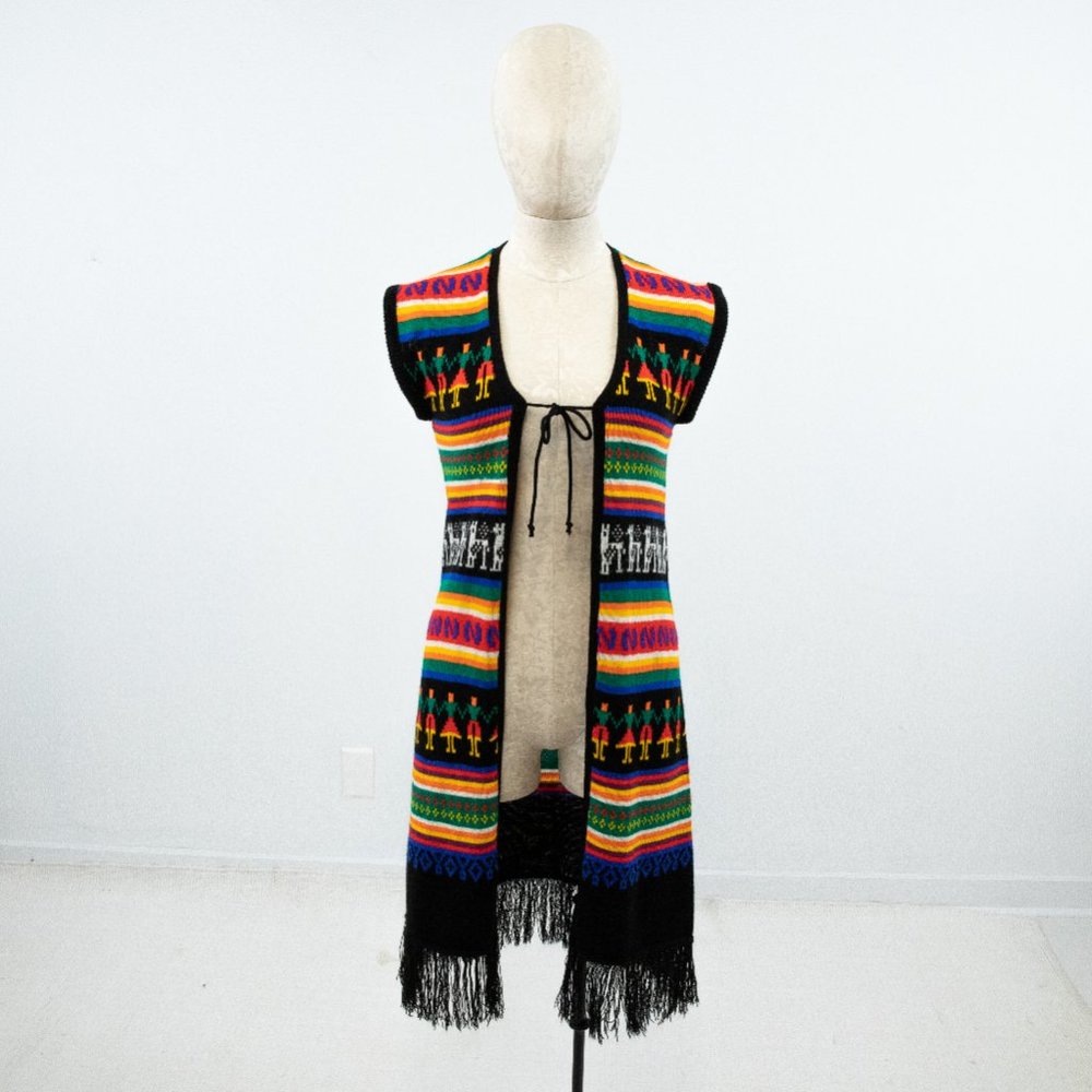 Vintage 70s S Spanish Style Rainbow Sweater Duster - Picture 3 of 9